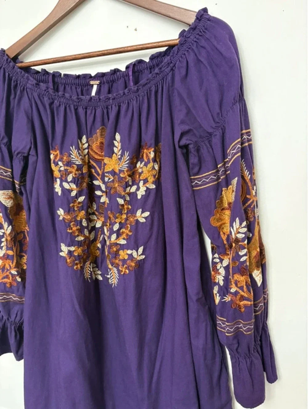 Free People Size S Purple Embroidered Off Shoulder Boho Mini Dress